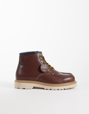 Tommy Jeans Archive Premium Leather Lace-up Boots In Brown