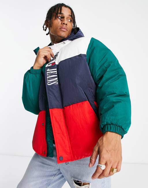 Tommy Jeans - Archive pufferjack met kleurvlakken en capuchon in wit/multi