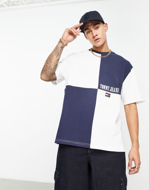 Tommy Jeans - Archive - T-shirt skater blu navy e bianca color block con logo