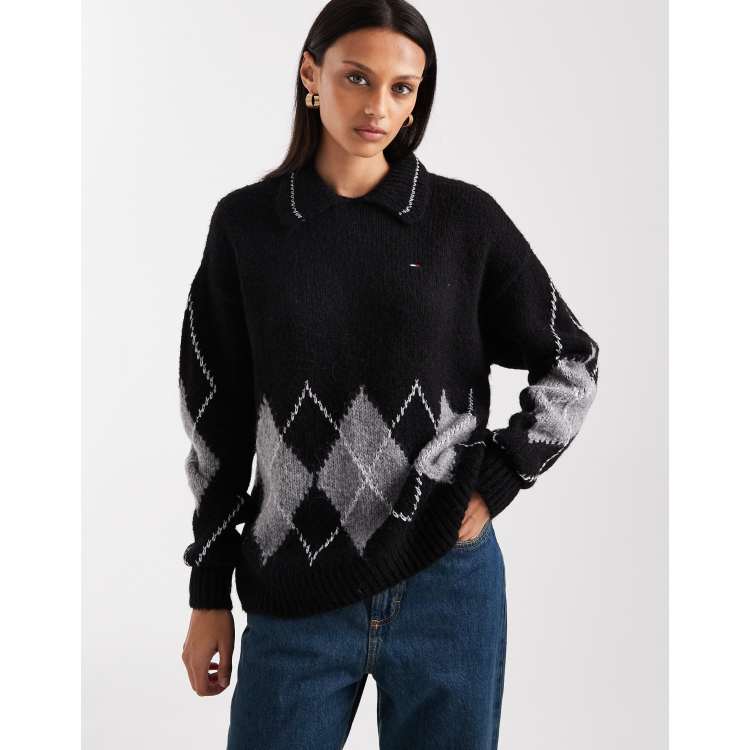 Tommy Jeans argyle knit polo sweater in black | ASOS