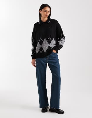 Tommy Jeans Argyle Knit Polo Sweater In Black