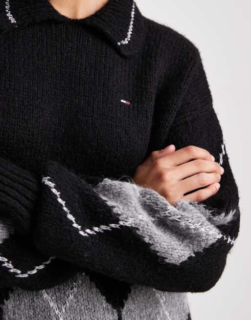 Tommy Jeans argyle knit polo sweater in black | ASOS
