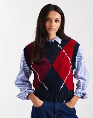 Tommy Jeans argyle sweater vest in burgundy and navy