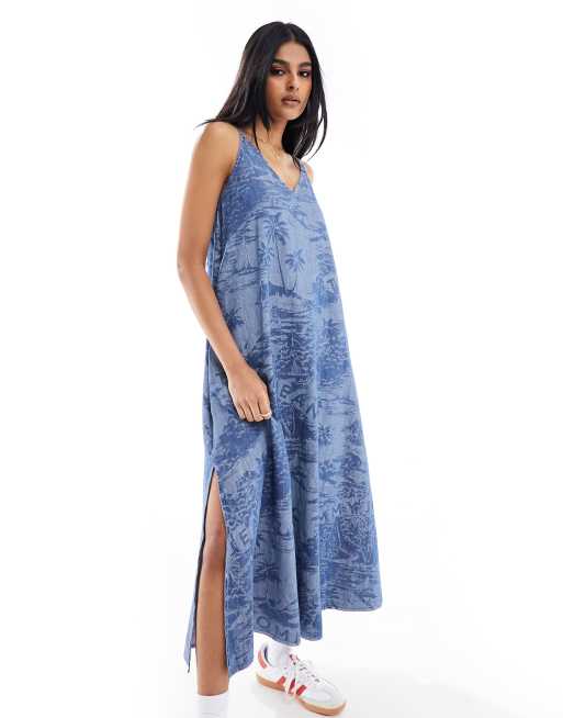 Tommy Jeans – Ärmelloses Maxikleid in Blaugrau