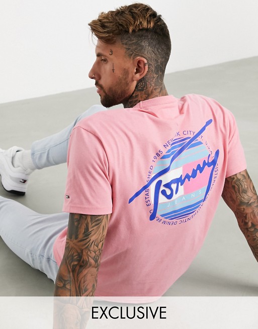 Tommy Jeans ASOS exclusive circular logo front and back print t-shirt in pink