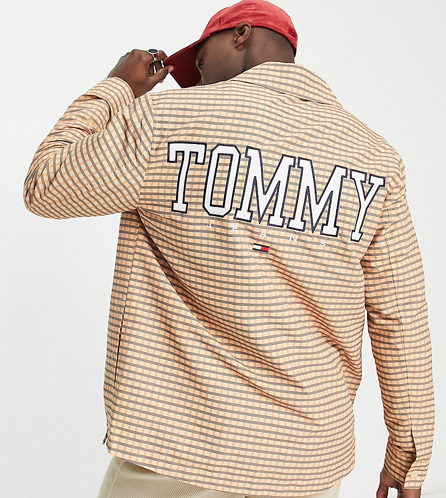 Tommy Jeans ASOS exclusive heritage capsule logo back check overshirt in beige-Neutral