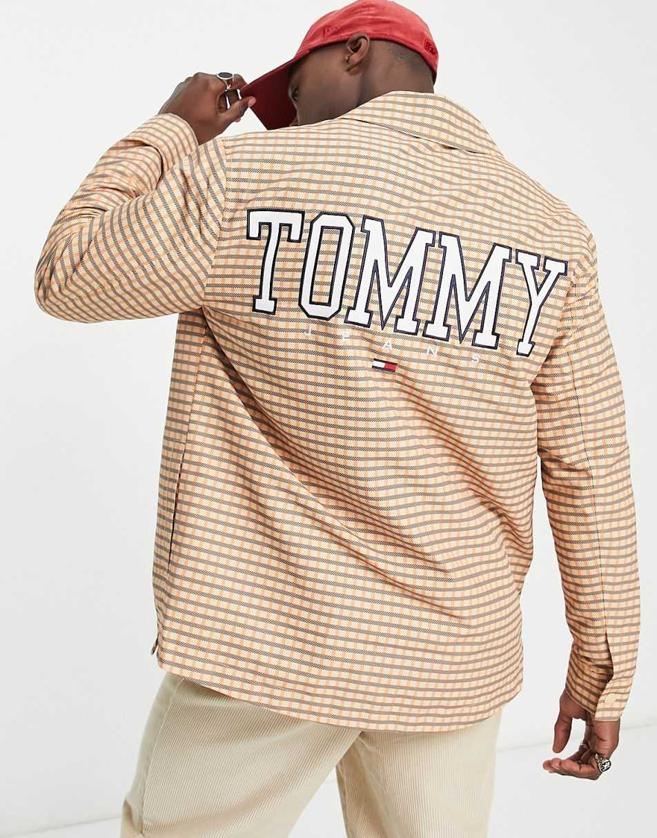 Tommy Jeans ASOS exclusive heritage capsule logo back check overshirt in beige