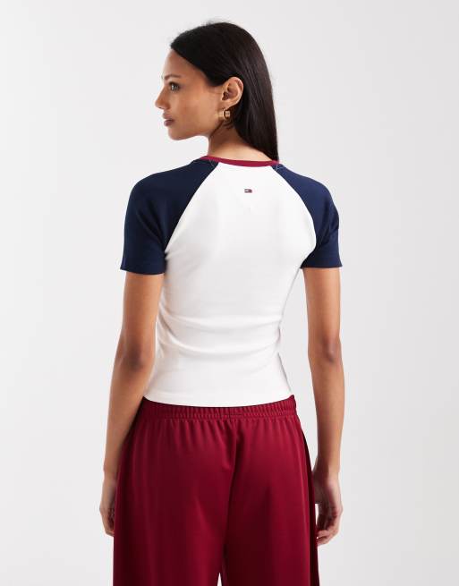 Tommy Jeans athletic miss tommy baby T-shirt in off white, 4 of 4