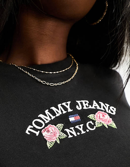 Tommy Jeans baby floral flag short sleeve t-shirt in black | ASOS