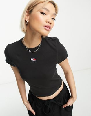 Tommy Jeans baby | in black logo badge ASOS rib t-shirt small