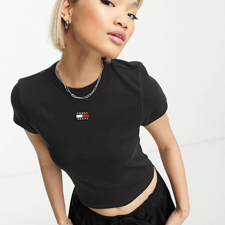 Tommy Jeans baby rib t-shirt small badge logo in black | ASOS
