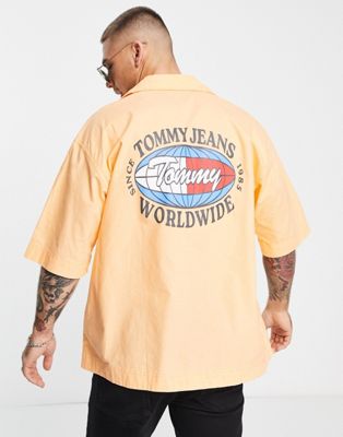 Tommy Jeans back logo short sleeve cotton shirt boxy fit in orange