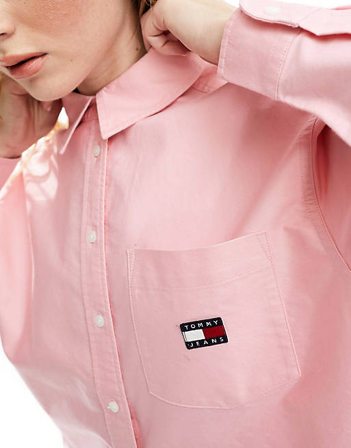 Tommy Jeans badge boyfriend shirt in pink | ASOS