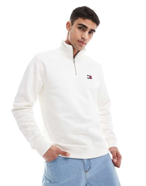 Tommy Jeans badge logo 1/4 zip sweatshirt in white | ASOS