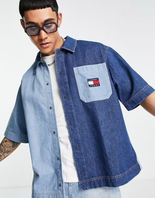 Tommy Jeans badge logo 2 tone skate oversized shirt in light/mid wash - ASOS Price Checker