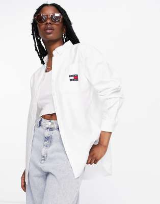 Tommy Jeans badge logo boyfriend shirt in white | ASOS