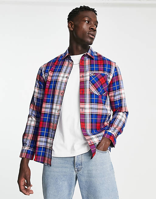 Tommy Jeans badge logo check flannel shirt in blue multi | ASOS