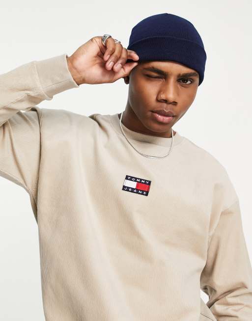 Tommy Jeans badge logo cord sweatshirt relaxed fit in beige