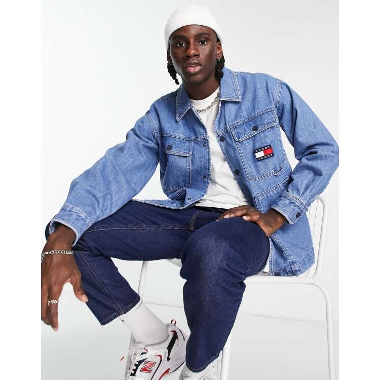 Tommy Jeans badge logo denim overshirt jacket in mid wash