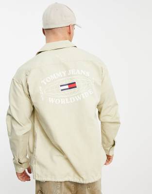 Tommy Jeans badge logo dobby coach oversized overshirt jacket in beige