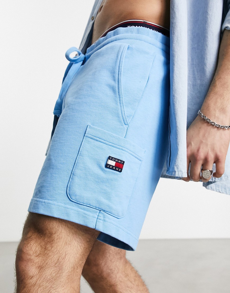 Tommy Jeans badge logo jersey shorts in blue