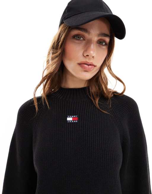 Tommy Jeans badge logo mock neck jumper in black