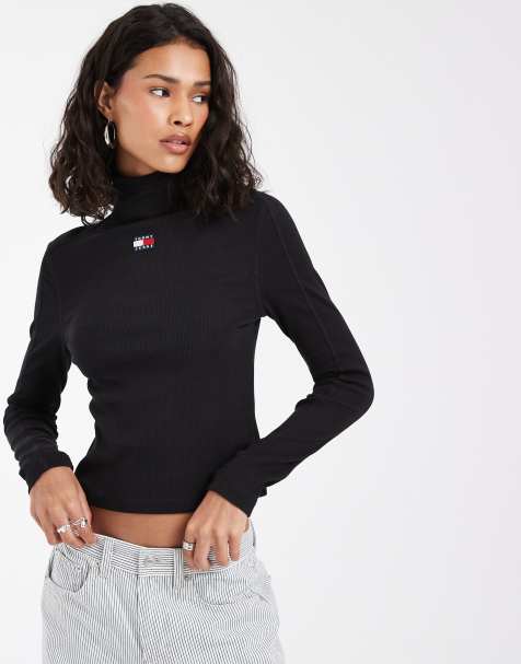 Tommy Jeans badge logo mock neck long sleeve t-shirt in black - view 1