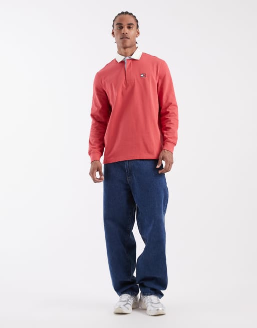 Tommy Jeans badge logo relaxed fit rugby shirt in red, 2 of 5