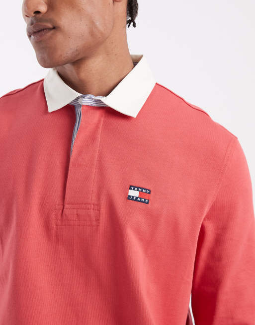 Tommy Jeans badge logo relaxed fit rugby shirt in red, 3 of 5