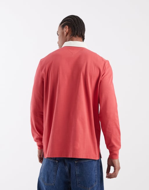 Tommy Jeans badge logo relaxed fit rugby shirt in red, 5 of 5