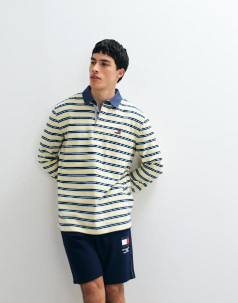Tommy Jeans badge logo rugby shirt in yellow/blue stripe - view 1