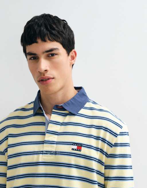Tommy Jeans badge logo rugby shirt in yellow/blue stripe, 2 of 5