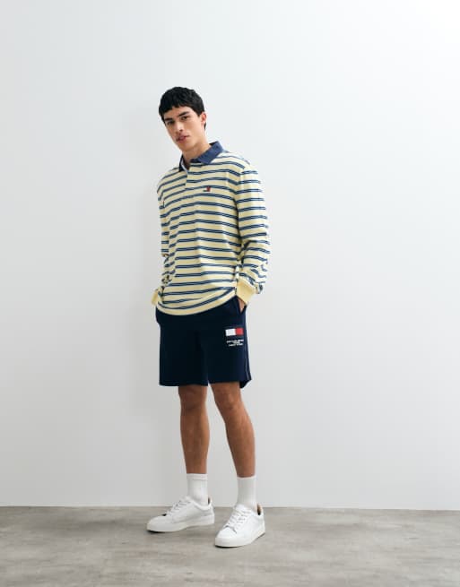 Tommy Jeans badge logo rugby shirt in yellow/blue stripe, 3 of 5