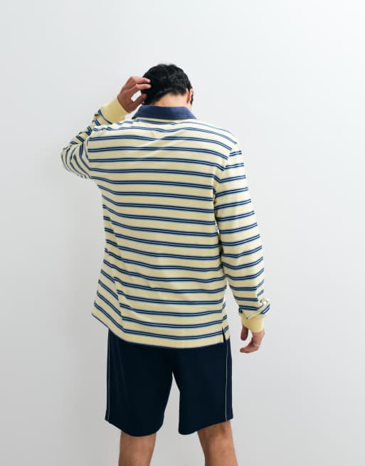 Tommy Jeans badge logo rugby shirt in yellow/blue stripe, 4 of 5