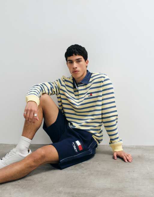 Tommy Jeans badge logo rugby shirt in yellow/blue stripe, 5 of 5