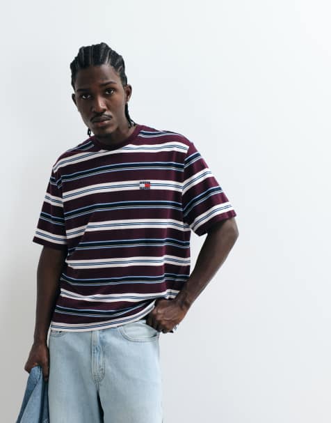 Tommy Jeans badge logo t-shirt in burgundy stripe - view 1