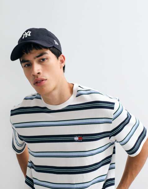 Tommy Jeans badge logo t-shirt in white/blue stripe - view 1