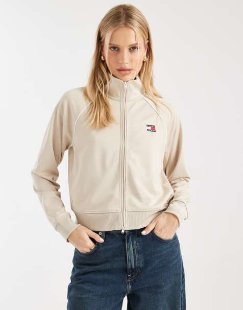 Tommy Jeans badge logo track jacket in beige - view 1