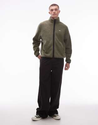 Tommy Jeans Badge Logo Zip Through Teddy Jacket In Green