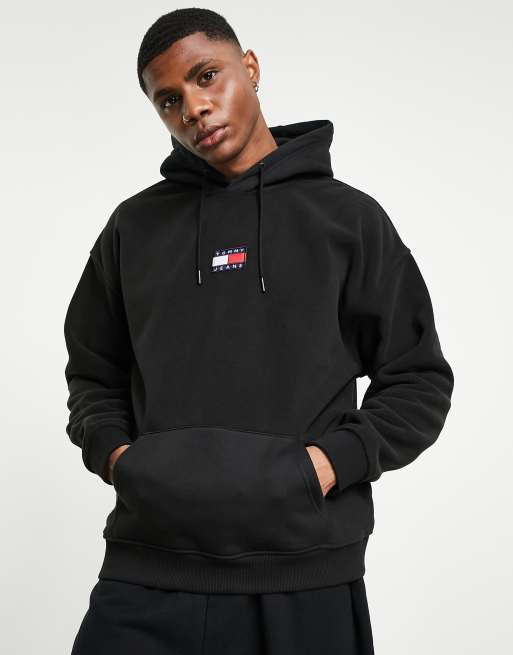 Tommy Jeans badge polar fleece hoodie relaxed fit in black