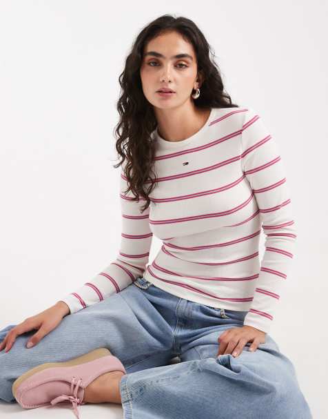 Tommy Jeans badge rib long sleeve stripe t-shirt in bright pink - view 1