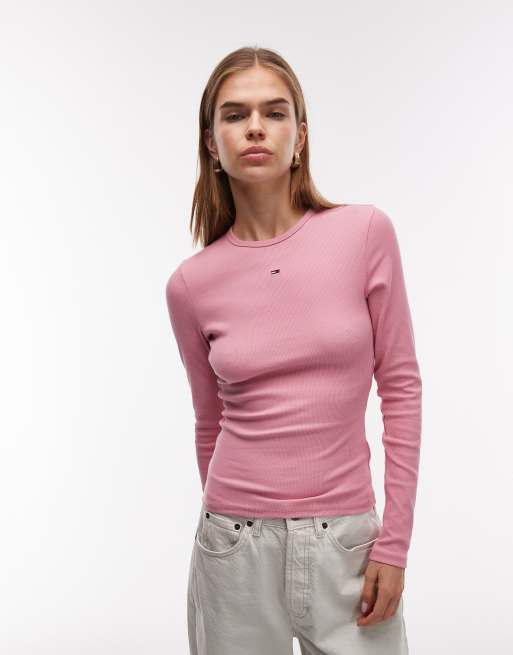 Tommy Jeans badge rib long sleeve t-shirt in bright pink