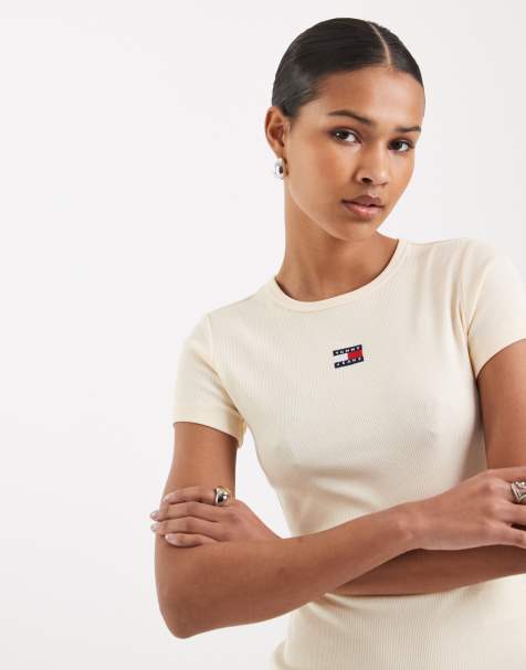 Tommy Jeans badge rib slim fit t-shirt in beige - view 1
