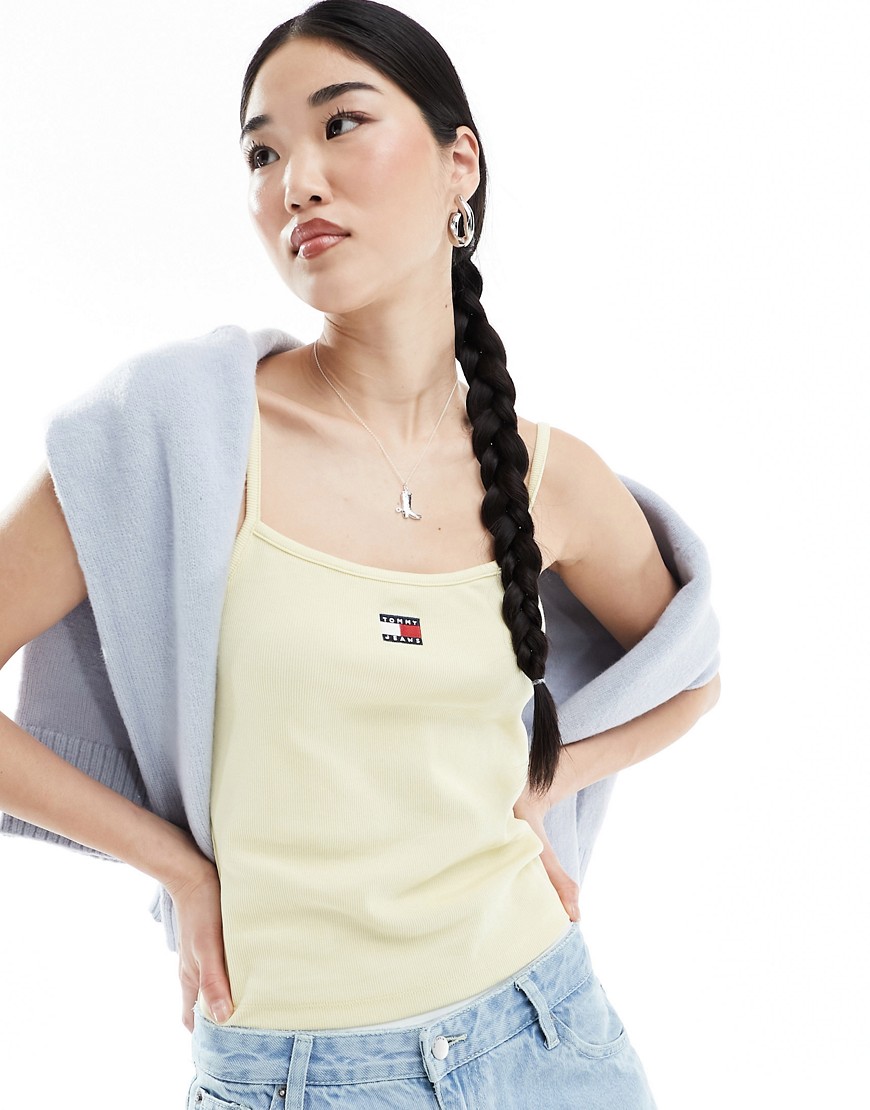 Tommy Jeans badge ribbed strap top in yellow