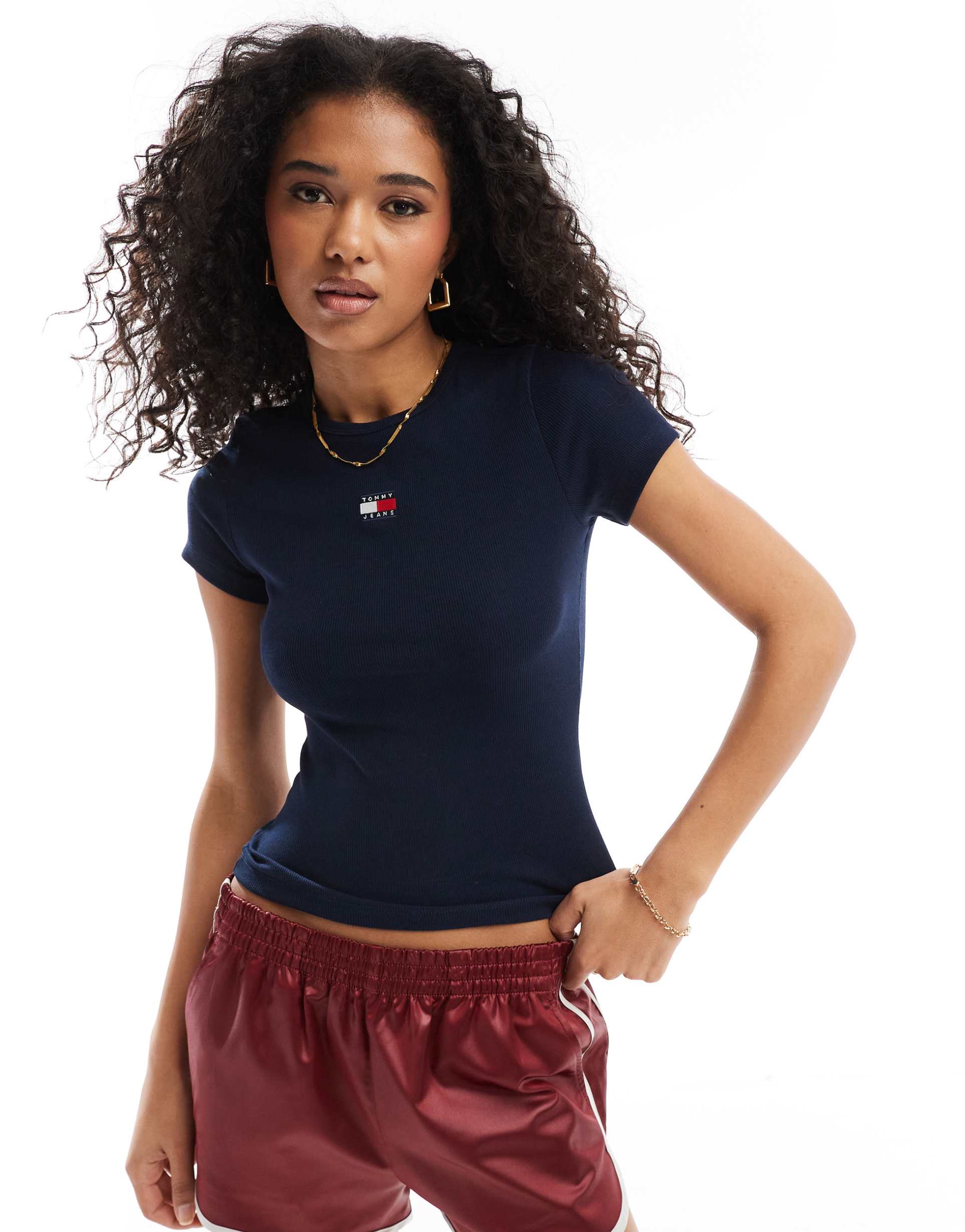 tommy jeans badge ribbed t-shirt in navy
