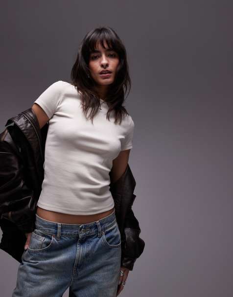 Tommy Jeans badge ribbed T-shirt in off-white - view 1