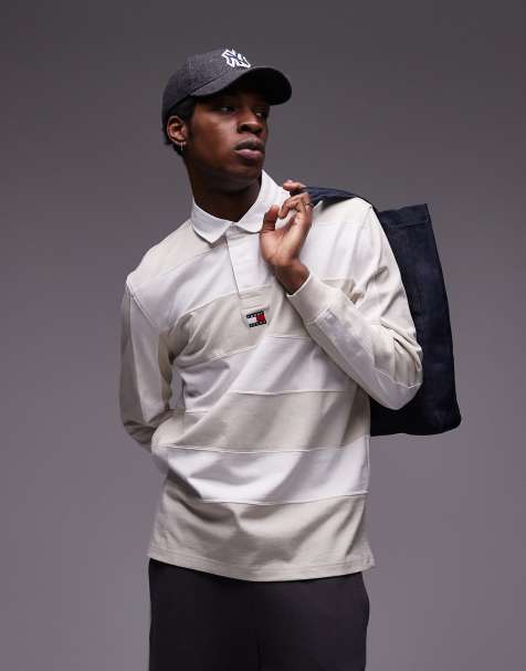 Tommy Jeans badge rugby shirt in off white stripe - view 1
