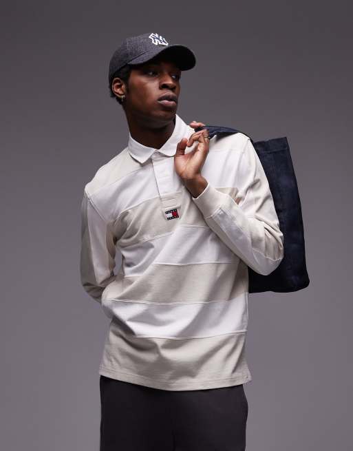 Tommy Jeans badge rugby shirt in off white stripe