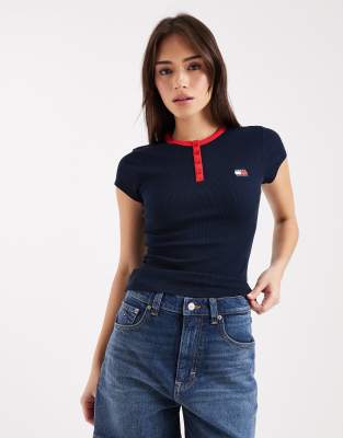 Tommy Jeans badge slim fit Henley T-shirt in navy