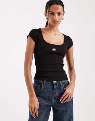 Tommy Jeans Badge Slim Fit Ribbed T-shirt In Black